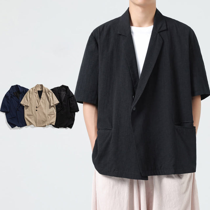 Buddha Stones Spring Plain Asymmetrical Lapel Collar Short Sleeve Men's Cotton Linen Shirt With Pockets - image 16