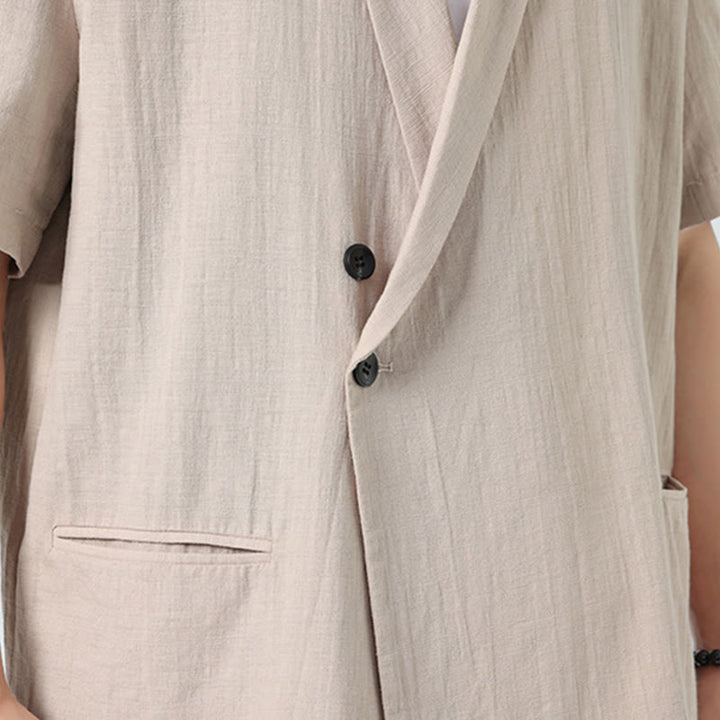 Buddha Stones Spring Plain Asymmetrical Lapel Collar Short Sleeve Men's Cotton Linen Shirt With Pockets - image 28