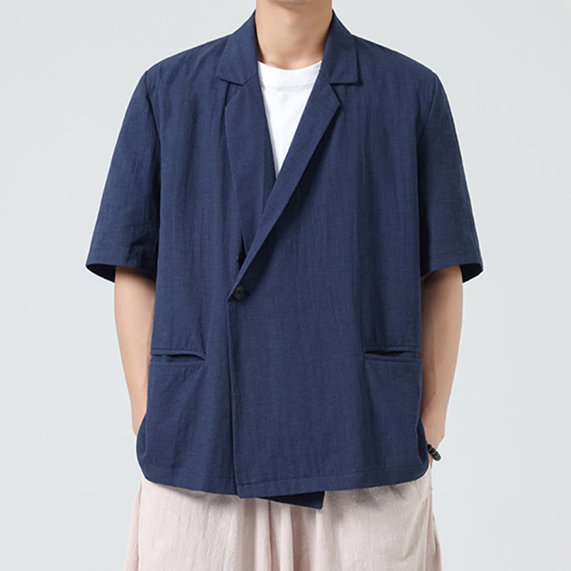 Buddha Stones Spring Plain Asymmetrical Lapel Collar Short Sleeve Men's Cotton Linen Shirt With Pockets - image 0