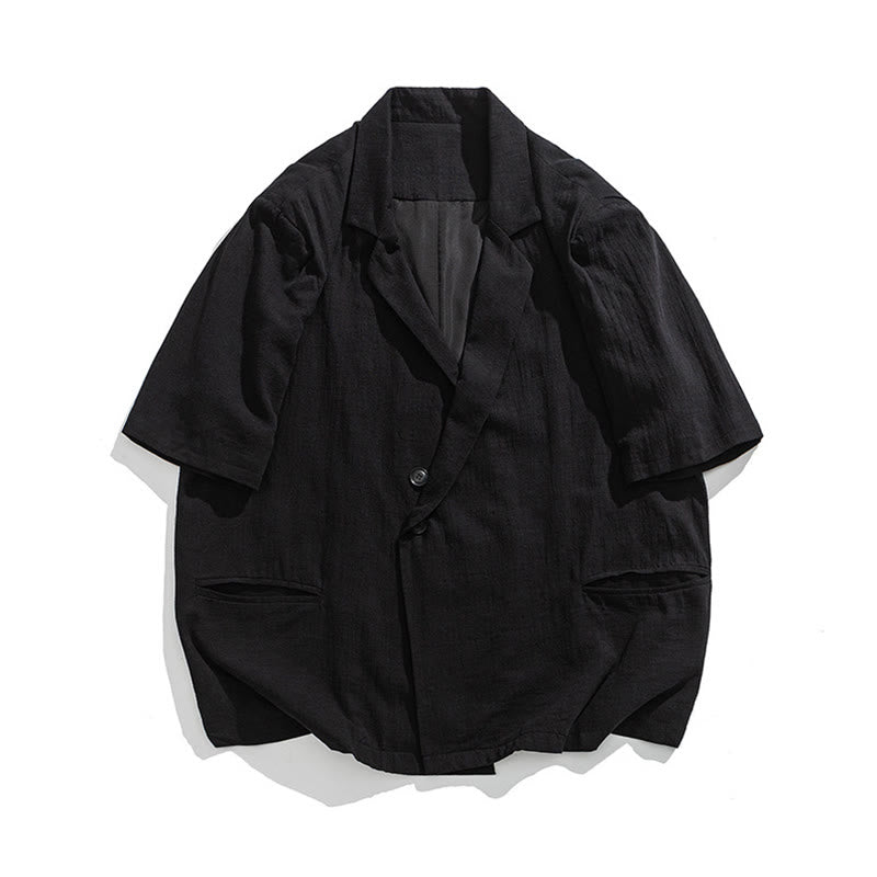 Buddha Stones Spring Plain Asymmetrical Lapel Collar Short Sleeve Men's Cotton Linen Shirt With Pockets - image 17