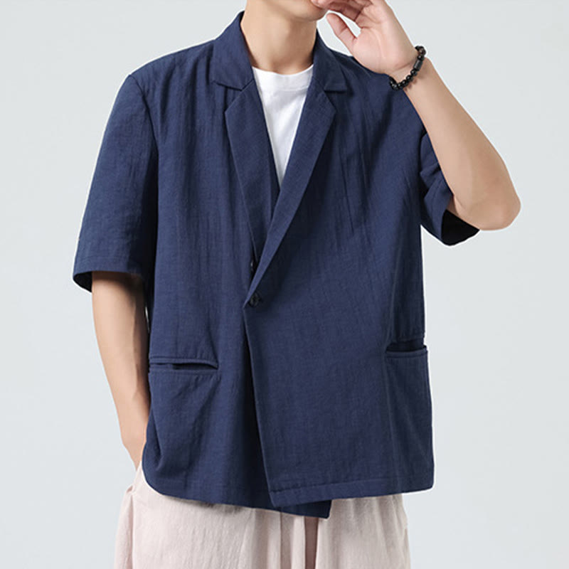 Buddha Stones Spring Plain Asymmetrical Lapel Collar Short Sleeve Men's Cotton Linen Shirt With Pockets - image 3