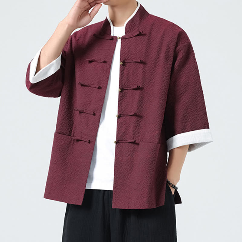 Buddha Stones Spring Solid Color Three Quarter Sleeve Tang Suit Men's Buttons Shirt With Pockets - image 20