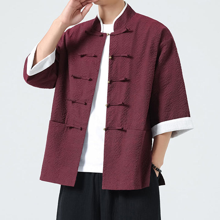 Buddha Stones Spring Solid Color Three Quarter Sleeve Tang Suit Men's Buttons Shirt With Pockets - image 20