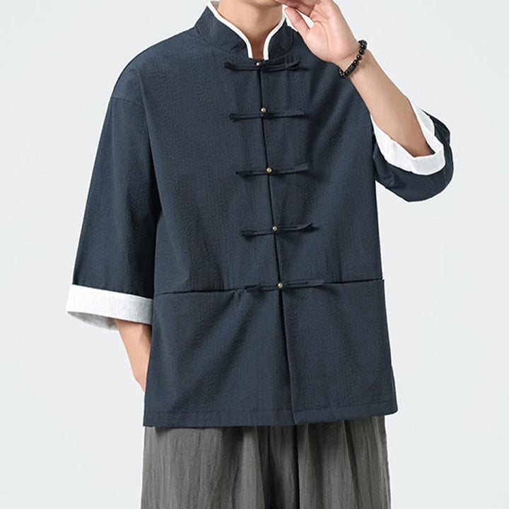 Buddha Stones Spring Solid Color Three Quarter Sleeve Tang Suit Men's Buttons Shirt With Pockets - image 0