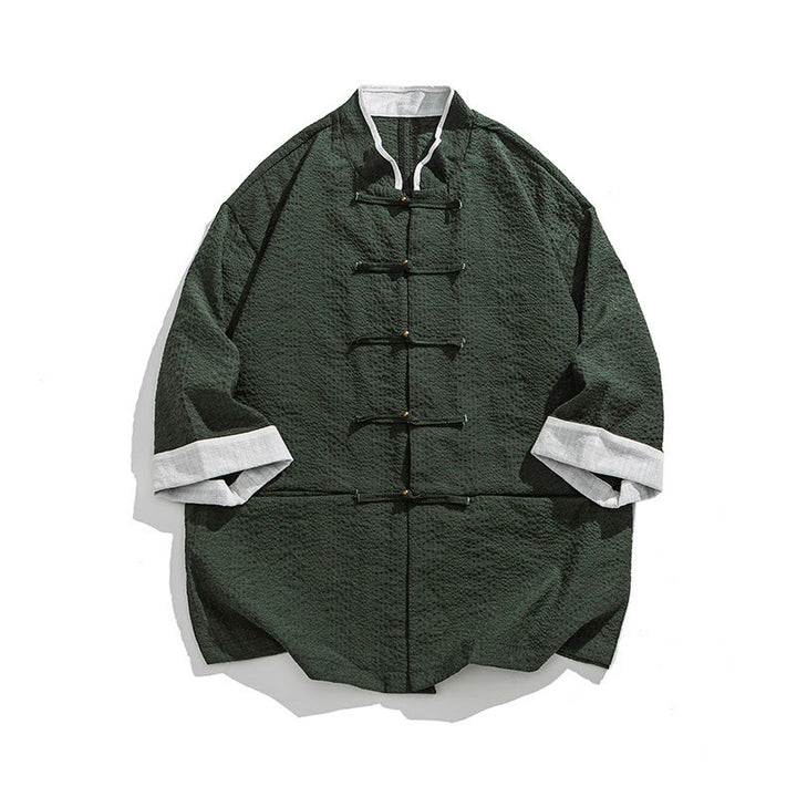 Buddha Stones Spring Solid Color Three Quarter Sleeve Tang Suit Men's Buttons Shirt With Pockets - CadetBlue - US/UK/AU46，EU56 (5XL) - image 22