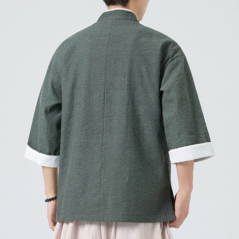 Buddha Stones Spring Solid Color Three Quarter Sleeve Tang Suit Men's Buttons Shirt With Pockets - image 26