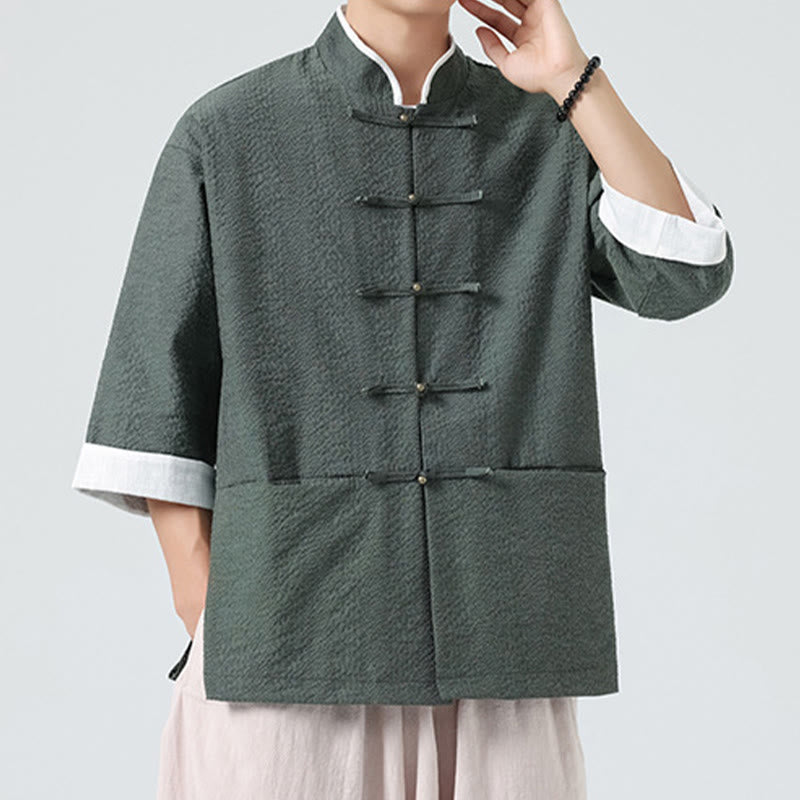 Buddha Stones Spring Solid Color Three Quarter Sleeve Tang Suit Men's Buttons Shirt With Pockets - image 25