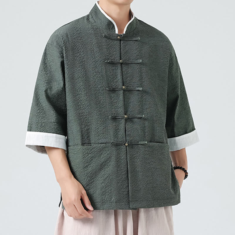 Buddha Stones Spring Solid Color Three Quarter Sleeve Tang Suit Men's Buttons Shirt With Pockets - image 24