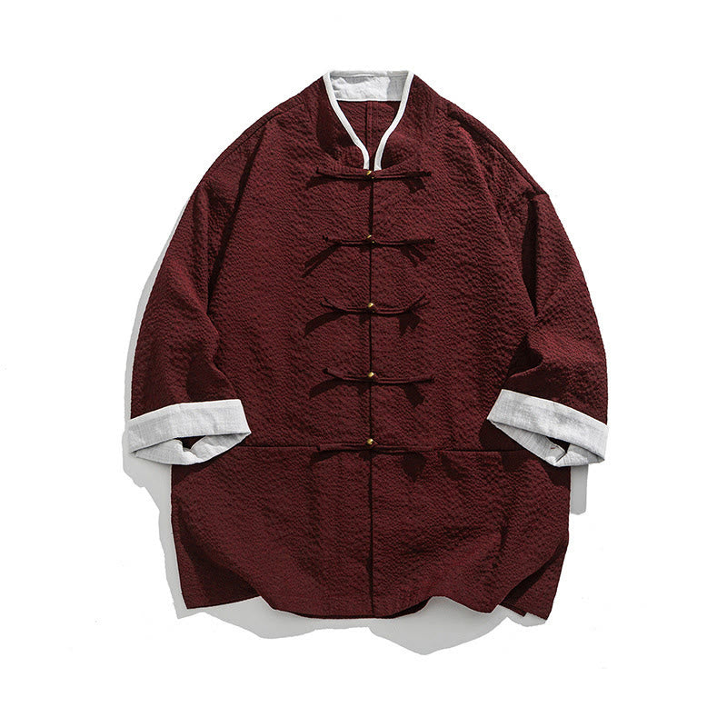 Buddha Stones Spring Solid Color Three Quarter Sleeve Tang Suit Men's Buttons Shirt With Pockets - DarkRed - US/UK/AU46，EU56 (5XL) - image 13