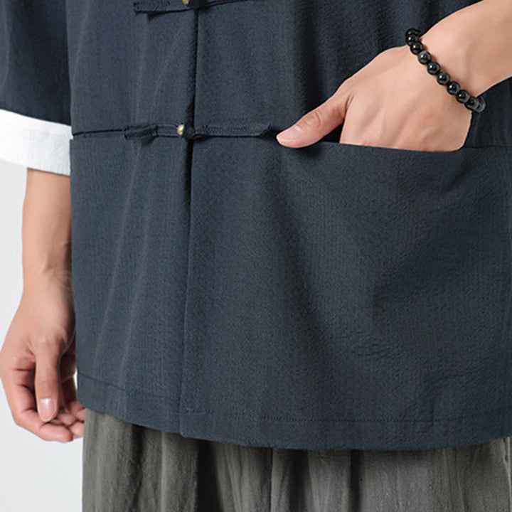 Buddha Stones Spring Solid Color Three Quarter Sleeve Tang Suit Men's Buttons Shirt With Pockets - image 10