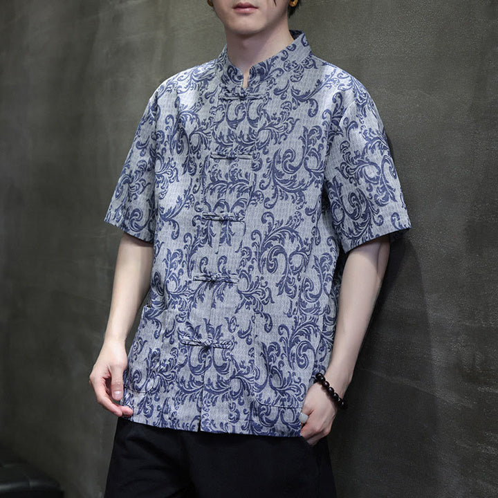 Buddha Stones Summer Floral Vine Pattern Tang Suit Men's Frog-Button Short Sleeve Shirt With Pockets - image 8