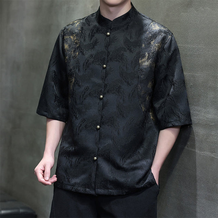 Buddha Stones Textured Jacquard Bagua Pattern Button Tang Suit Men's Half Sleeve Cotton Shirt - Black - US/UK/AU46，EU56 (5XL) - image 8