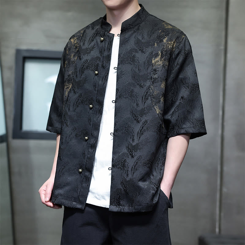 Buddha Stones Textured Jacquard Bagua Pattern Button Tang Suit Men's Half Sleeve Cotton Shirt - image 10