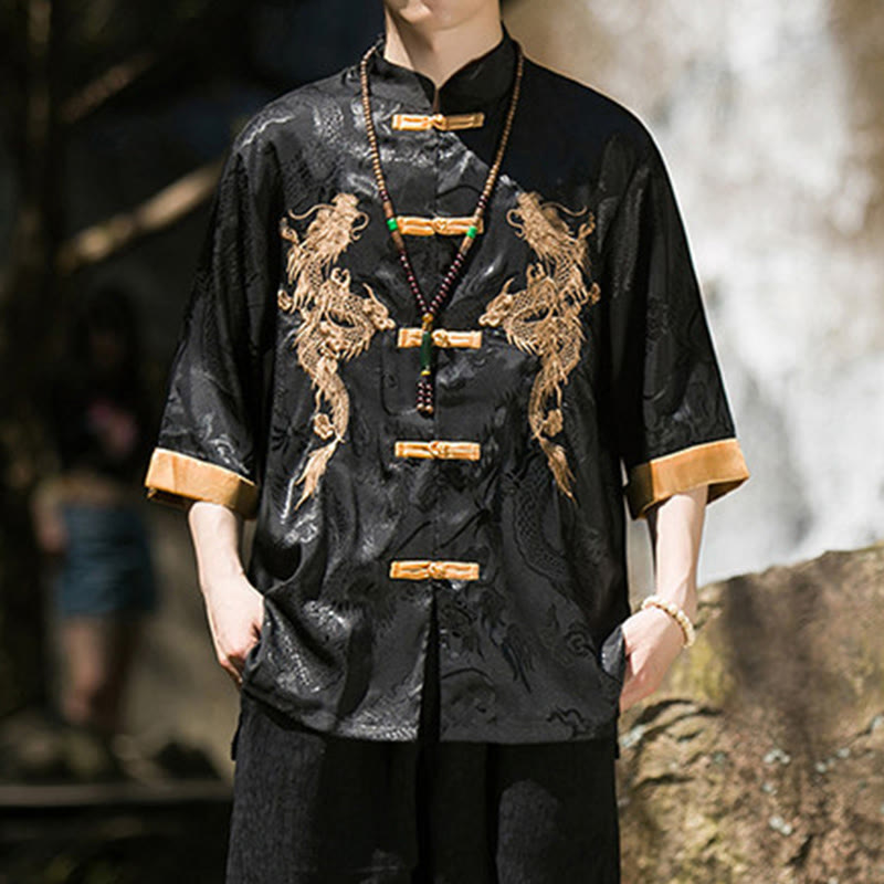 Buddha Stones Embroidered Dragon Pattern Colorblock Design Tang Suit Men's Frog-Button Half Sleeve Shirt - Black - US/UK/AU46，EU56 (5XL) - image 10