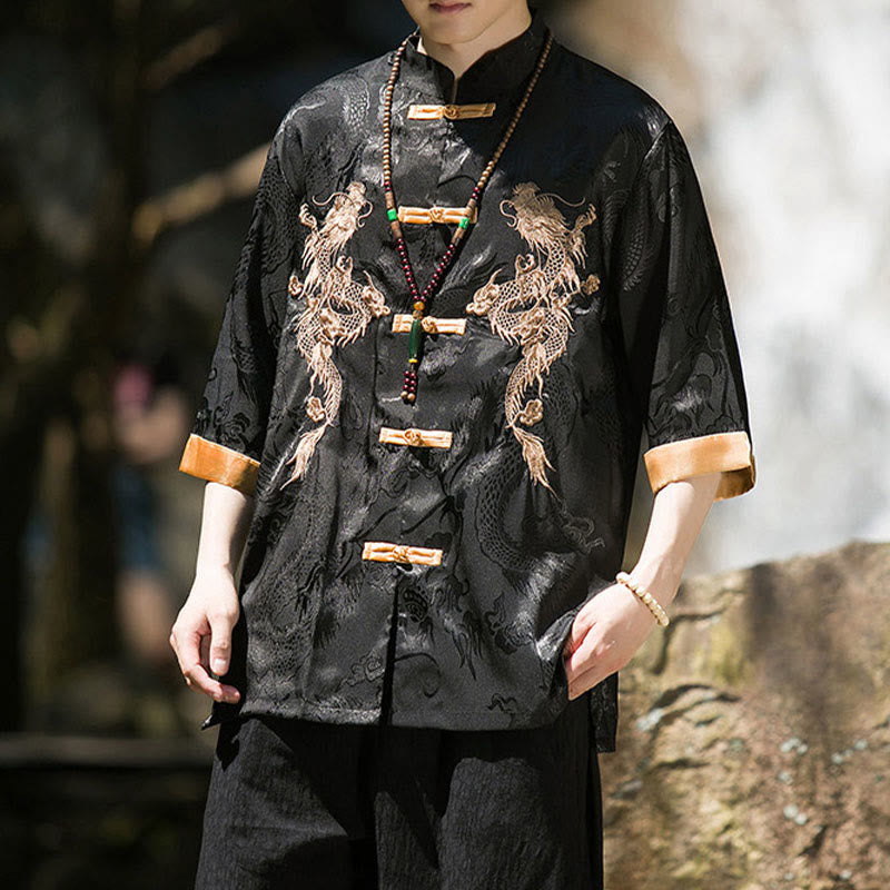 Buddha Stones Embroidered Dragon Pattern Colorblock Design Tang Suit Men's Frog-Button Half Sleeve Shirt - image 13