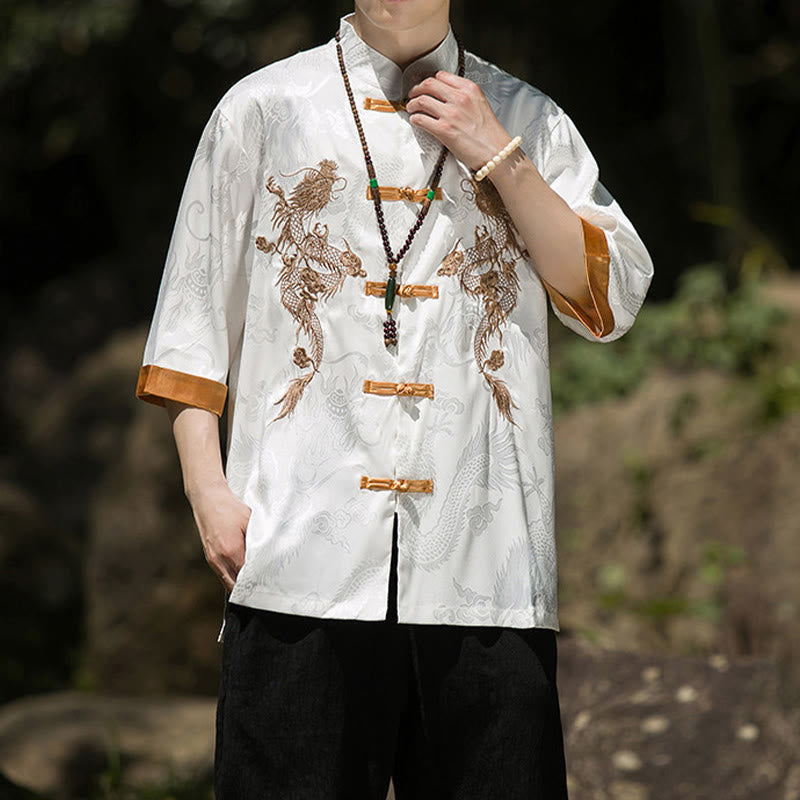 Buddha Stones Embroidered Dragon Pattern Colorblock Design Tang Suit Men's Frog-Button Half Sleeve Shirt - image 7