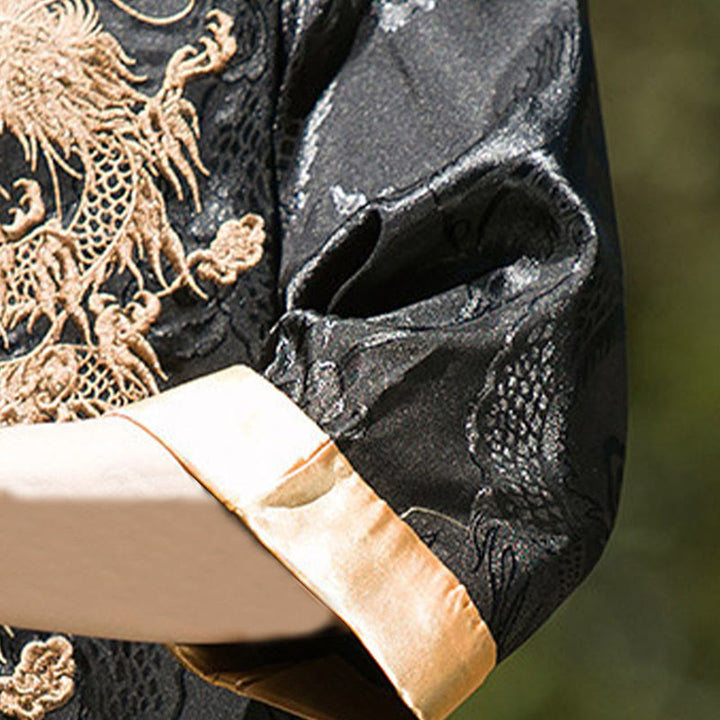 Buddha Stones Embroidered Dragon Pattern Colorblock Design Tang Suit Men's Frog-Button Half Sleeve Shirt - image 21