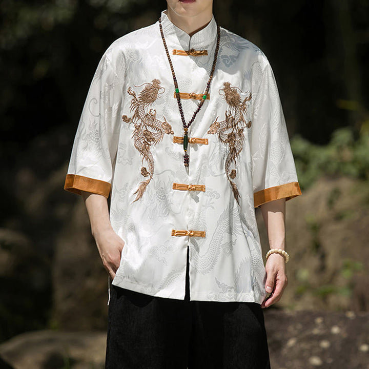 Buddha Stones Embroidered Dragon Pattern Colorblock Design Tang Suit Men's Frog-Button Half Sleeve Shirt - image 5