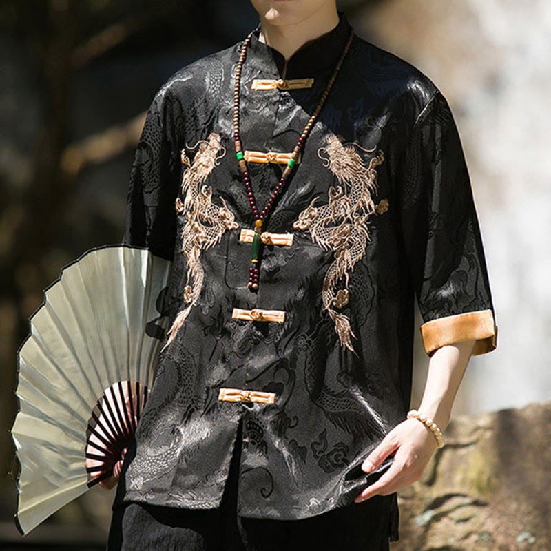 Buddha Stones Embroidered Dragon Pattern Colorblock Design Tang Suit Men's Frog-Button Half Sleeve Shirt - image 18