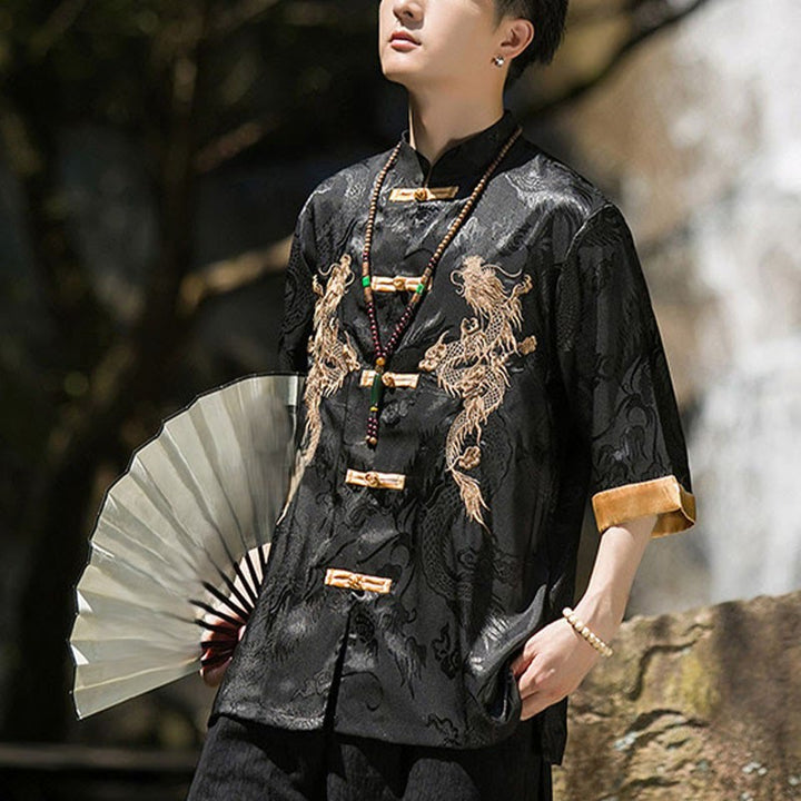 Buddha Stones Embroidered Dragon Pattern Colorblock Design Tang Suit Men's Frog-Button Half Sleeve Shirt - image 16