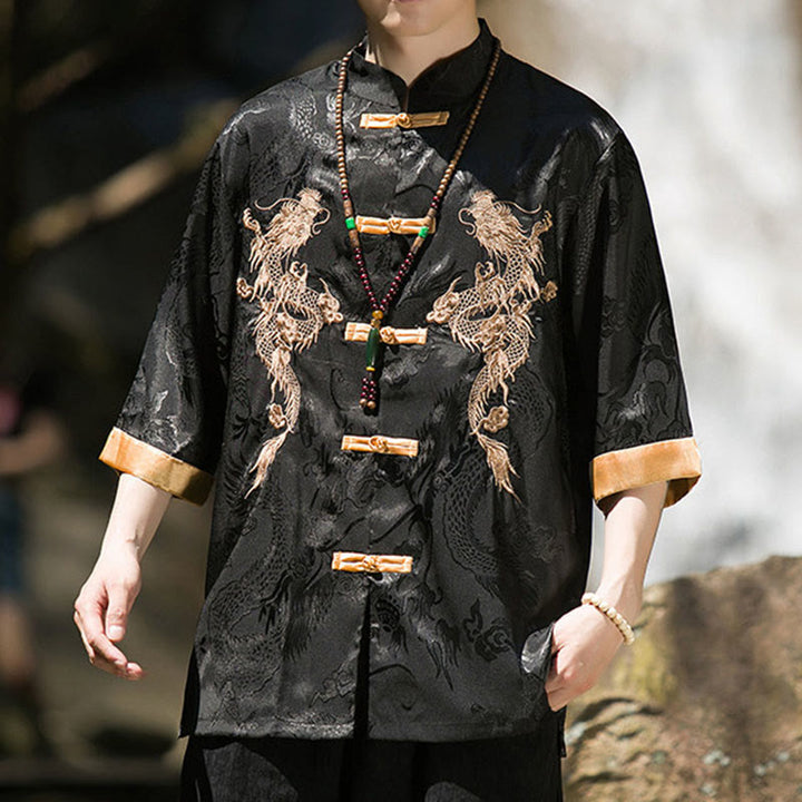 Buddha Stones Embroidered Dragon Pattern Colorblock Design Tang Suit Men's Frog-Button Half Sleeve Shirt - image 14