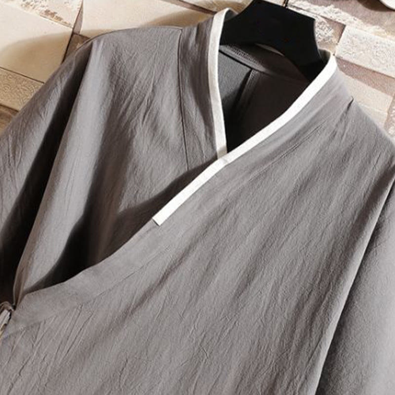 Buddha Stones Embroidered Crane Auspicious Cloud Pattern Open Front Short Sleeve Jacket Men's Cotton Kimono - image 3