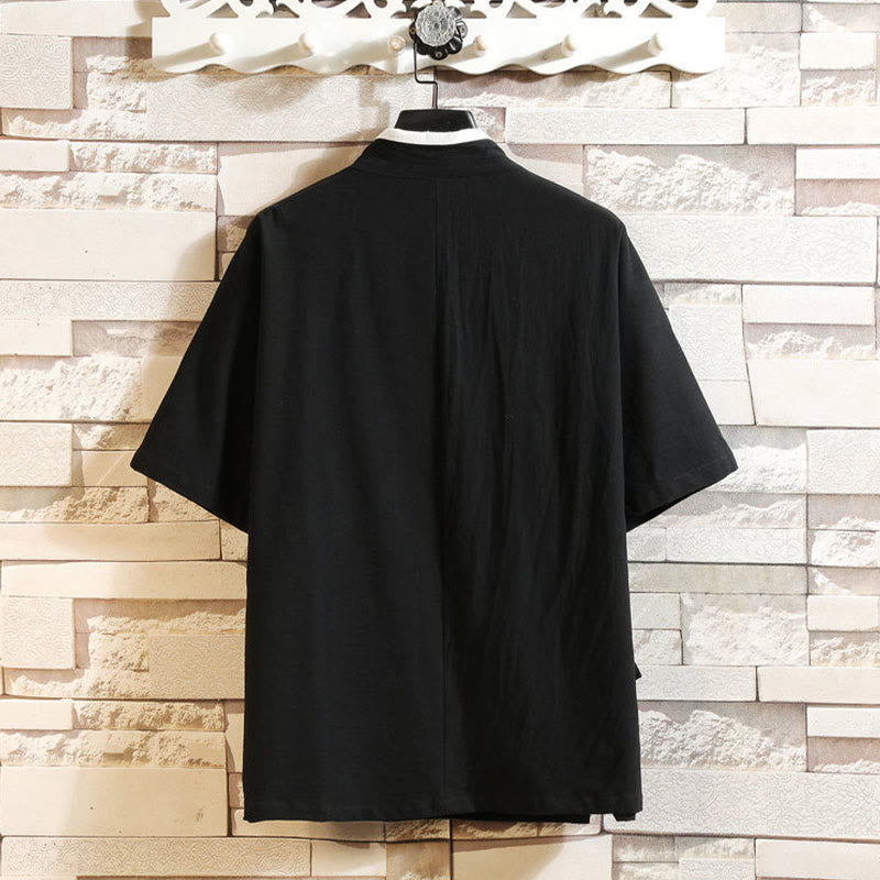 Buddha Stones Embroidered Crane Auspicious Cloud Pattern Open Front Short Sleeve Jacket Men's Cotton Kimono - image 5