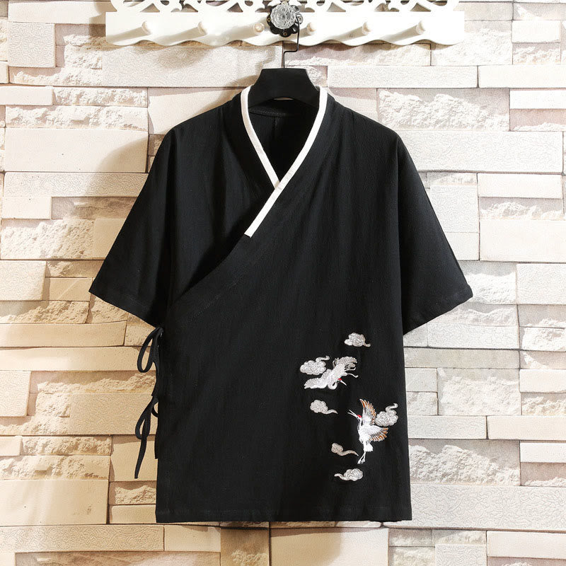 Buddha Stones Embroidered Crane Auspicious Cloud Pattern Open Front Short Sleeve Jacket Men's Cotton Kimono - Black - US/UK/AU46，EU56 (5XL) - image 4