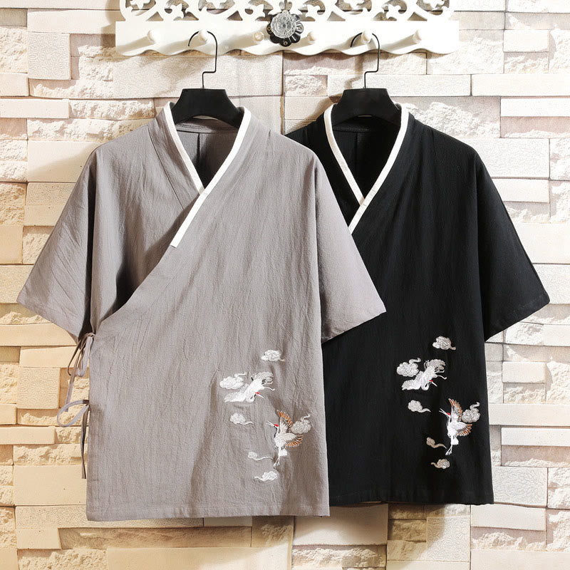 Buddha Stones Embroidered Crane Auspicious Cloud Pattern Open Front Short Sleeve Jacket Men's Cotton Kimono - image 15