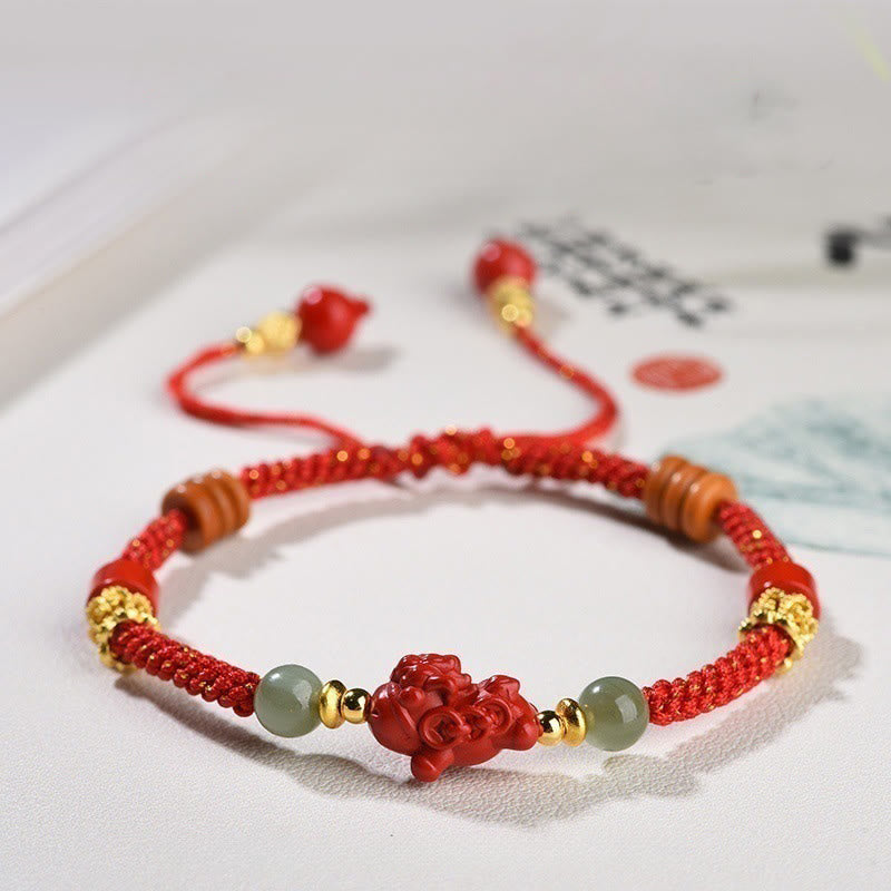 Buddha Stones Year Of The Horse Cinnabar Hetian Jade Red String Blessing Bracelet - Cinnabar Hetian Jade(Wrist Circumference: 13-19 cm) - image 0