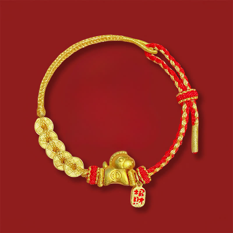 Buddha Stones Year Of The Horse Red String Five-Emperor Coins Luck Bracelet - Five-Emperor Coins Attract Fortune Horse(Wrist Circumference: 13-22 cm) - image 0