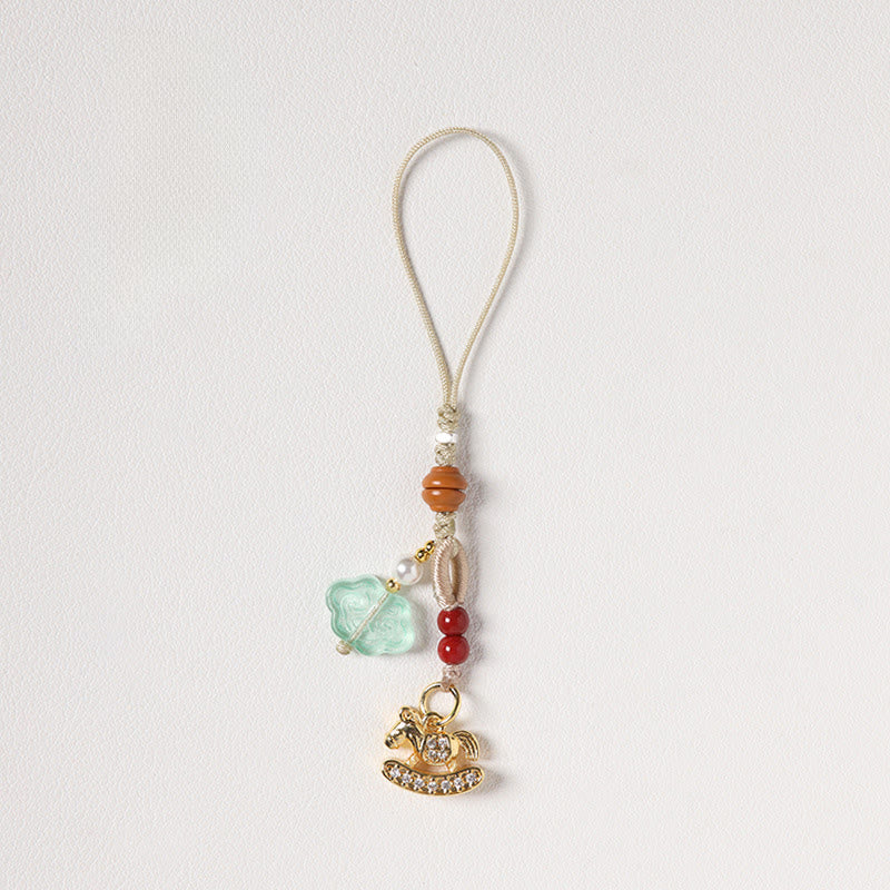 Buddha Stones Year of the Horse Copper Cinnabar Blue Chalcedony Red Agate Liuli Luck Phone Hanging Decoration - Zircon Rocking Horse - image 11