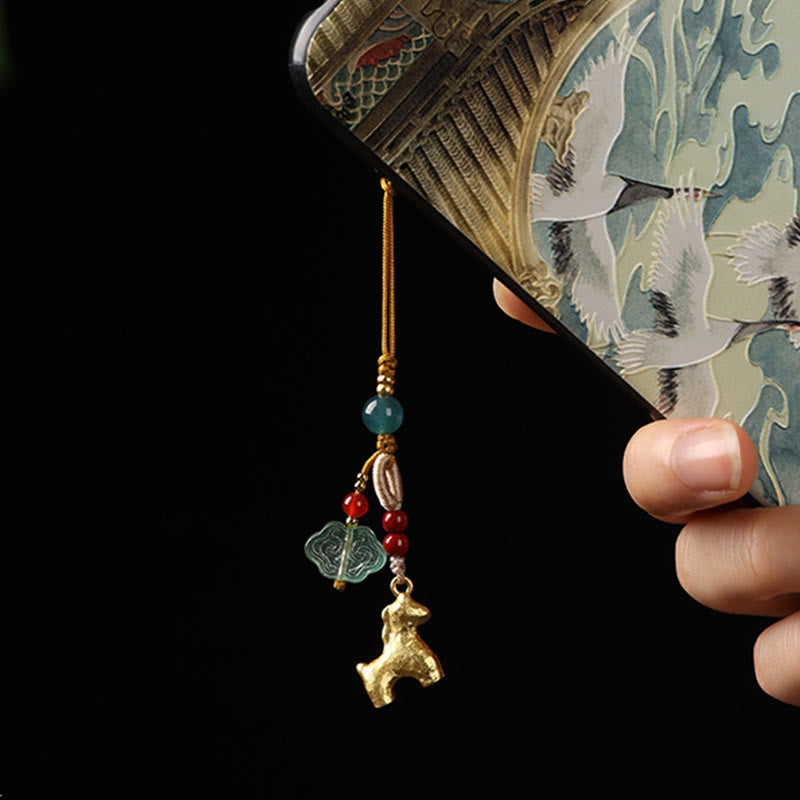 Buddha Stones Year of the Horse Copper Cinnabar Blue Chalcedony Red Agate Liuli Luck Phone Hanging Decoration - image 3