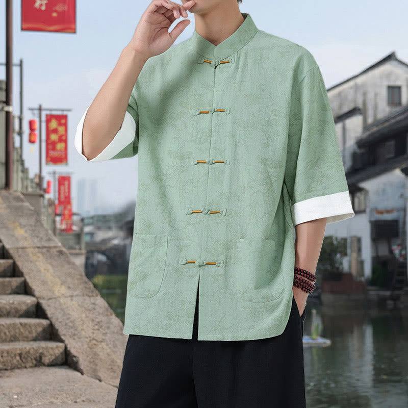 Buddha Stones Summer Crane Pine Tree Pattern Tang Suit Men's Frog-Button Half Sleeve Cotton Shirt With Pockets - PaleGreen - US/UK/AU46，EU56 (5XL) - image 12