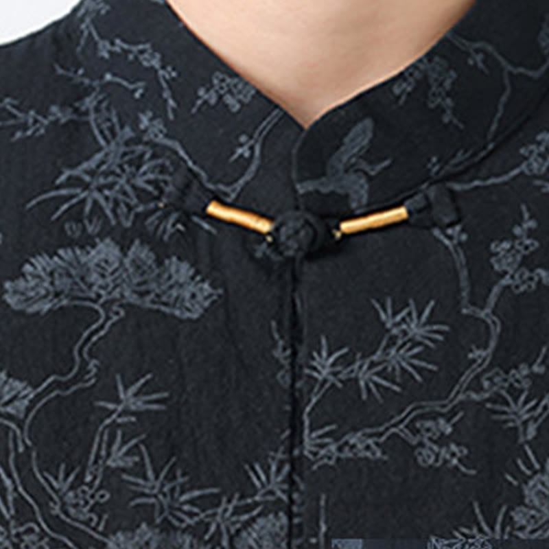 Buddha Stones Summer Crane Pine Tree Pattern Tang Suit Men's Frog-Button Half Sleeve Cotton Shirt With Pockets - image 3