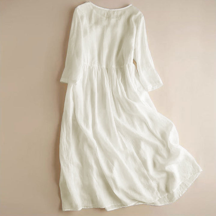 Buddha Stones Embroidery Geometry Nine-Quarter Sleeve Cotton Women's Midi Dress With Pockets - image 2