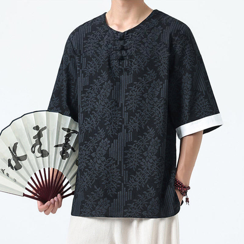 Buddha Stones Summer Flowers Grass Pattern Tang Suit Men's Frog-Button Half Sleeve Cotton Shirt - image 12