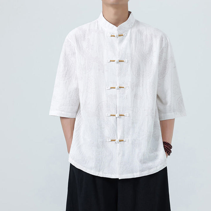 Buddha Stones Summer Dragon Auspicious Clouds Pattern Tang Suit Men's Frog-Button Half Sleeve Cotton Shirt - White - US/UK/AU46，EU56 (5XL) - image 16