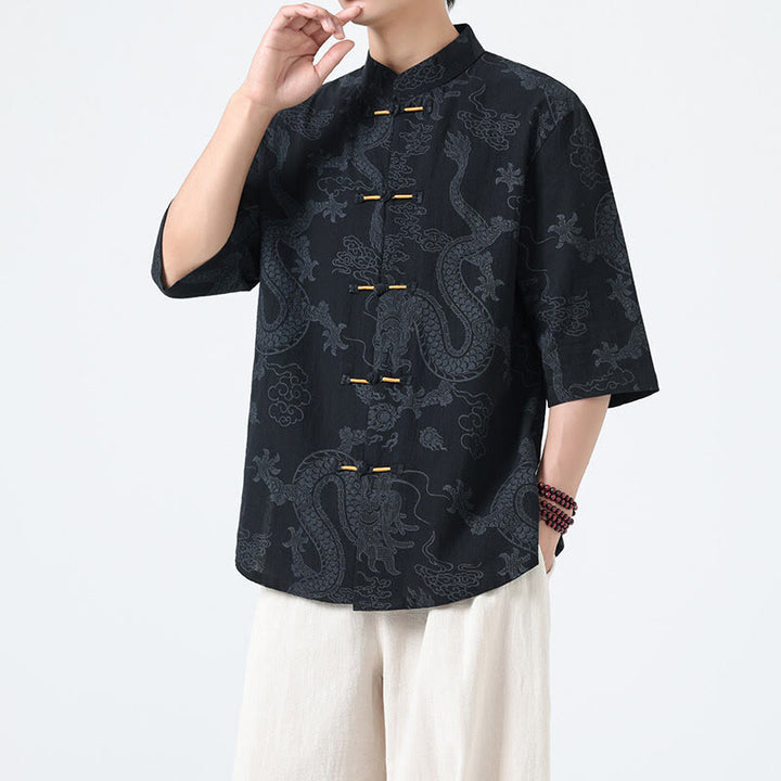 Buddha Stones Summer Dragon Auspicious Clouds Pattern Tang Suit Men's Frog-Button Half Sleeve Cotton Shirt - image 2