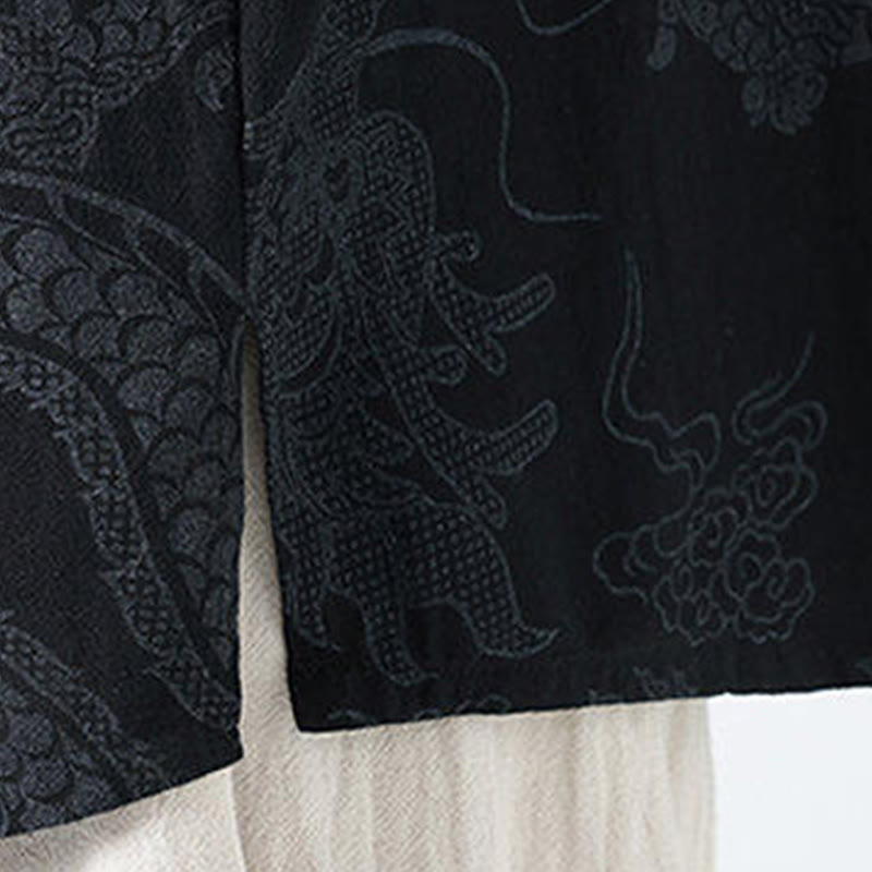 Buddha Stones Summer Dragon Auspicious Clouds Pattern Tang Suit Men's Frog-Button Half Sleeve Cotton Shirt - image 6
