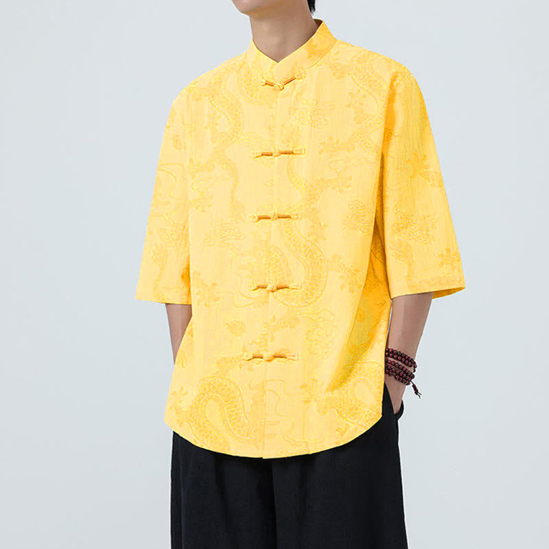 Buddha Stones Summer Dragon Auspicious Clouds Pattern Tang Suit Men's Frog-Button Half Sleeve Cotton Shirt - image 12