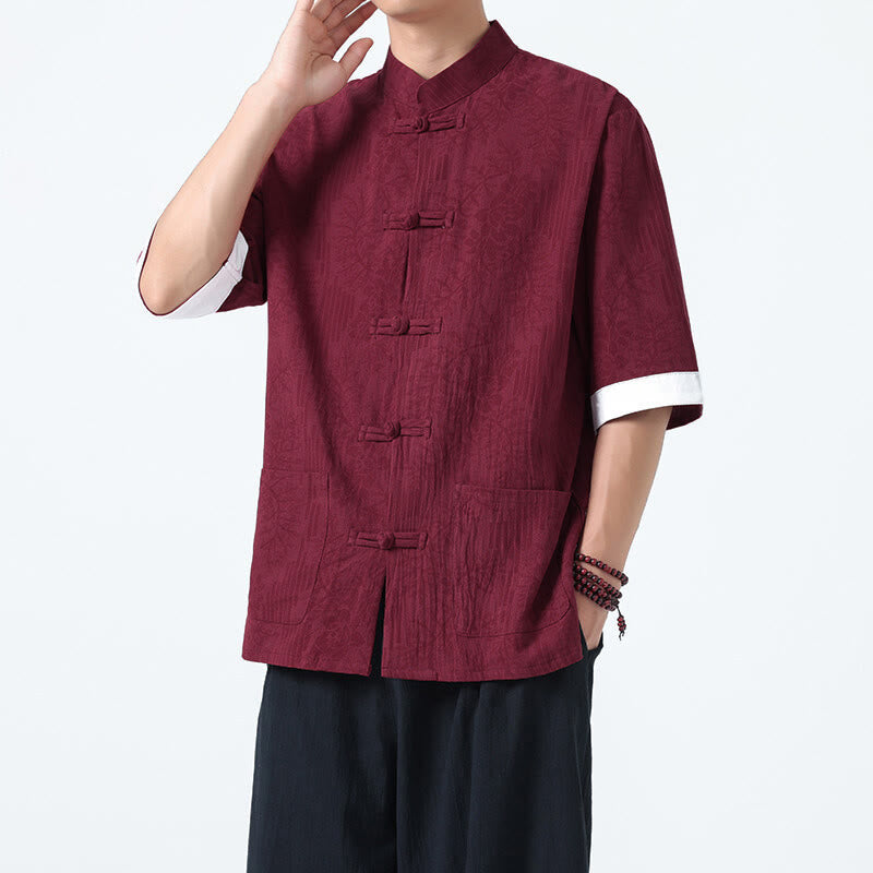 Buddha Stones Summer Flowers Grass Pattern Tang Suit Men's Frog-Button Half Sleeve Cotton Shirt With Pockets - Maroon - US/UK/AU46，EU56 (5XL) - image 11
