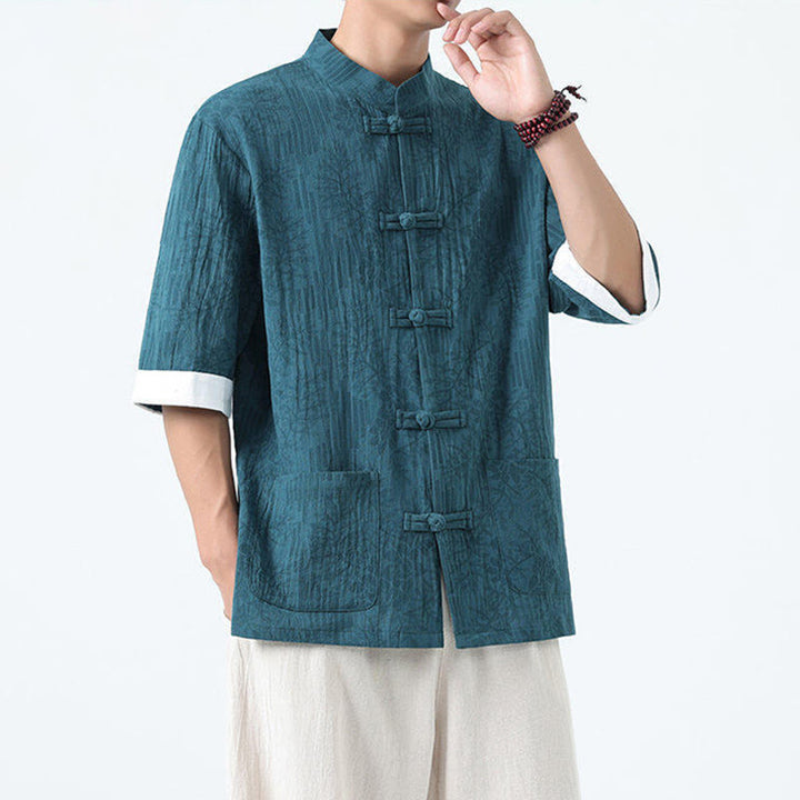 Buddha Stones Summer Flowers Grass Pattern Tang Suit Men's Frog-Button Half Sleeve Cotton Shirt With Pockets - image 16