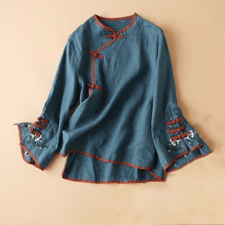Buddha Stones Retro Flower Embroidery Design Long Sleeve Cotton Linen Women's Shirt - SteelBlue - US12，UK/AU16，EU44 (4XL) - image 10