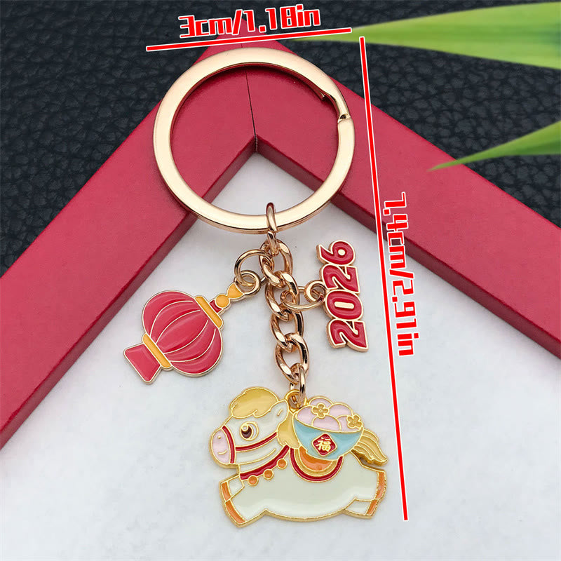 Buddha Stones "Hoping You Have a Joyful Year" Year of the Horse Lantern Fu Character Glutinous Rice Balls Bowl Gourd Alloy Key Chain Includes Gift Message Card - image 7