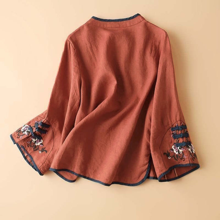 Buddha Stones Retro Flower Embroidery Design Long Sleeve Cotton Linen Women's Shirt - image 1