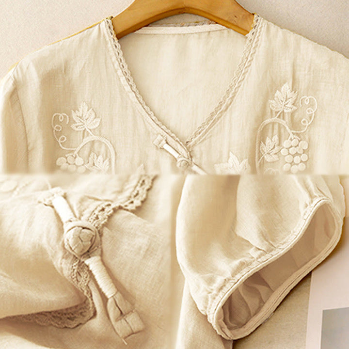 Buddha Stones Embroidered Grapes Pattern Lace Design Frog-Button Three Quarter Sleeve Women's Cotton Shirt - image 8