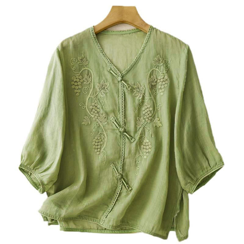 Buddha Stones Embroidered Grapes Pattern Lace Design Frog-Button Three Quarter Sleeve Women's Cotton Shirt - image 4