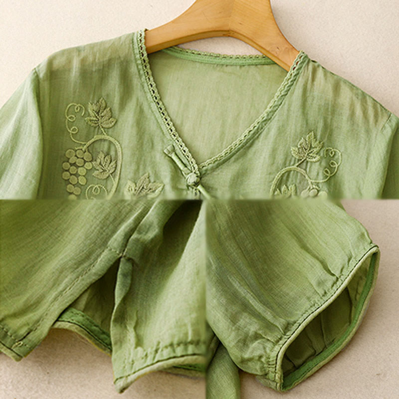 Buddha Stones Embroidered Grapes Pattern Lace Design Frog-Button Three Quarter Sleeve Women's Cotton Shirt - image 3