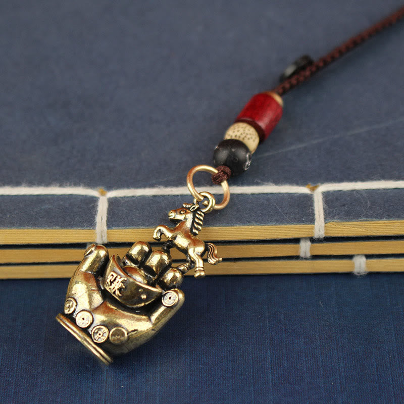 Buddha Stones Year Of The Horse Copper Brass String Five-Emperor Coins Balance Key Chain - Black Light Yellow Bead Horse - image 1